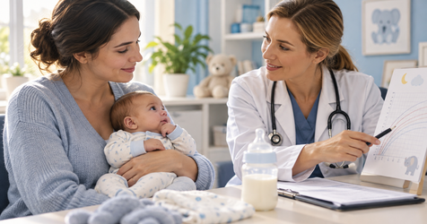 Родитель с младенцем обсуждает питание и график роста с врачом