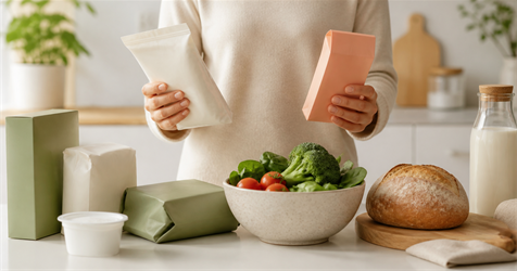 Руки сравнивают нейтральные упаковки продуктов и свежие ингредиенты на светлом кухонном столе