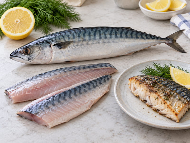 Сырая атлантическая скумбрия, два филе и приготовленный кусок рыбы с лимоном и укропом