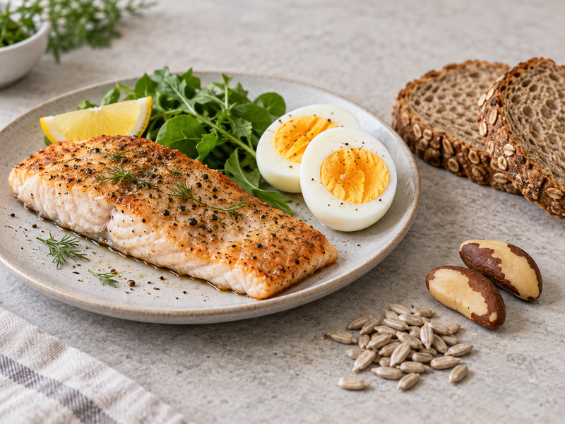 Рыба, яйцо, цельнозерновые продукты и несколько орехов как пищевые источники селена