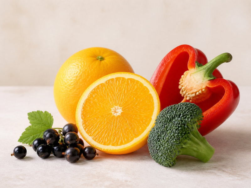Продукты — источники витамина C: апельсин, сладкий перец, смородина и брокколи