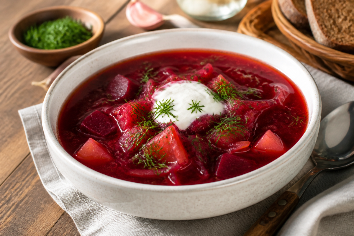 Тарелка борща с говядиной, свёклой, капустой, сметаной и укропом