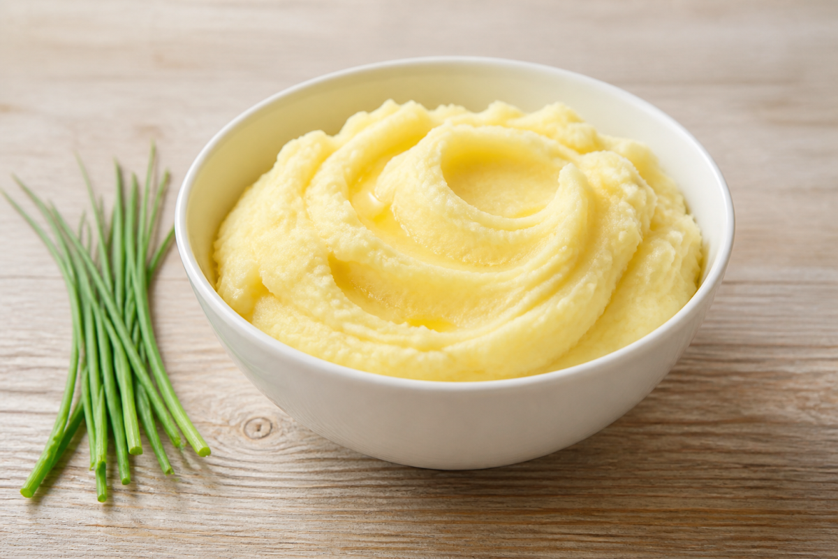 Белая миска с домашним картофельным пюре и зелёным луком на светлом деревянном столе