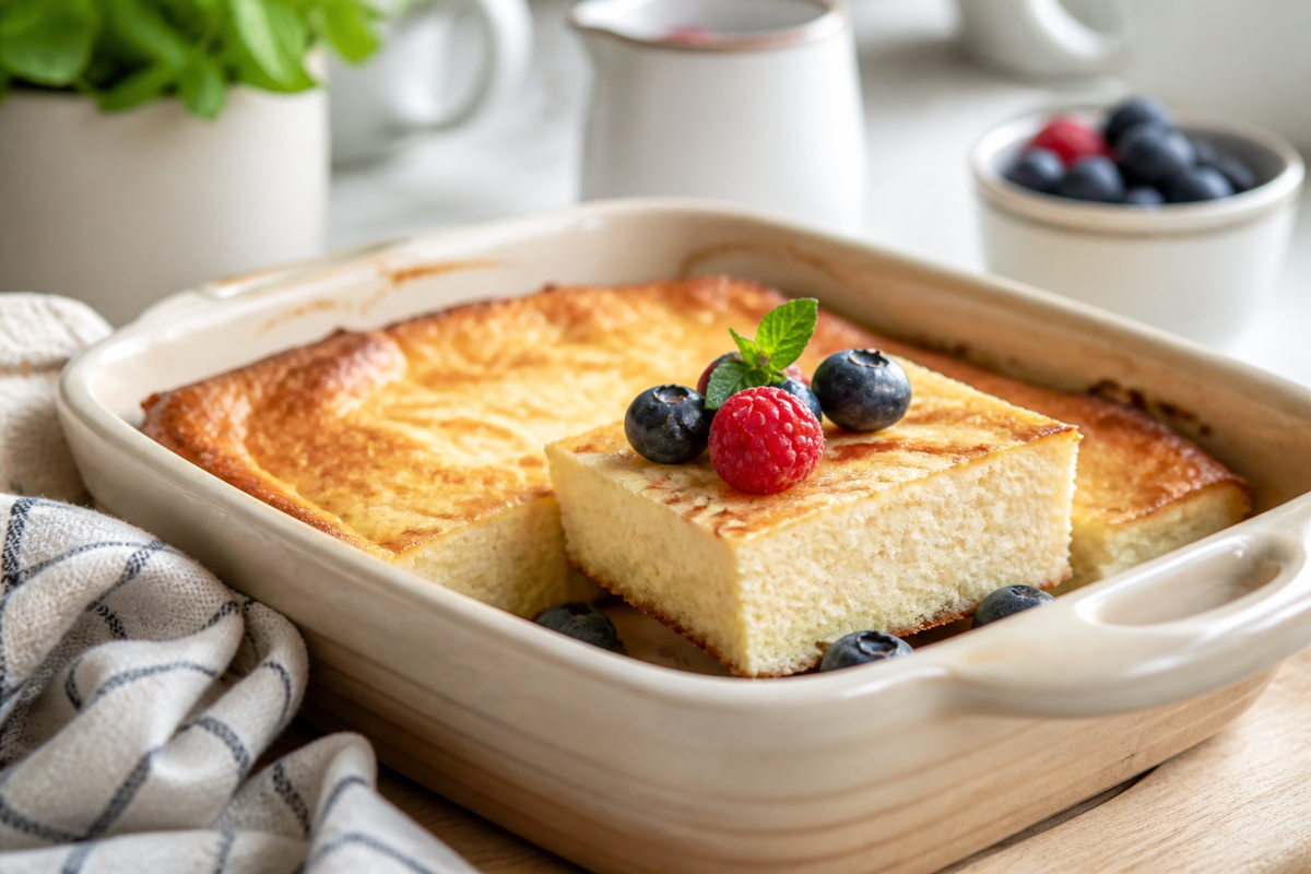 Творожная запеканка в светлой форме и порционный кусок с ягодами